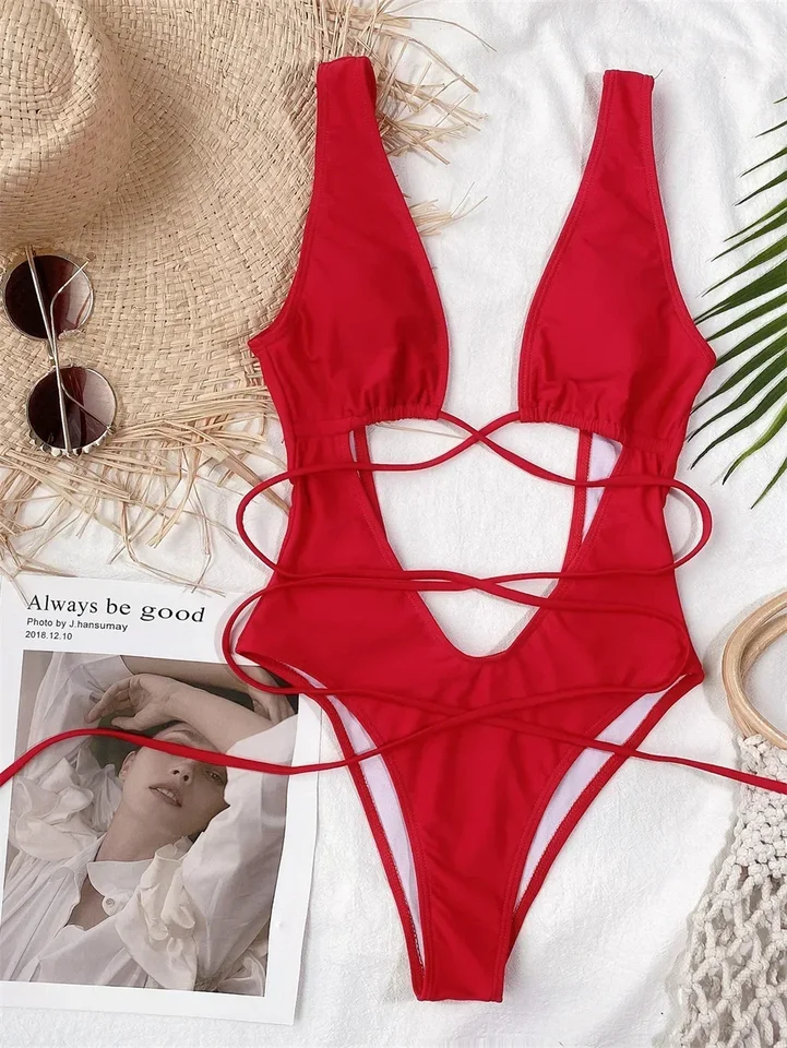 Sexy červené plavky Micro String Bikini Hollow Out Backless Monokini Ženy jednodielne dovolenkové plavky bikinis plážový plavky