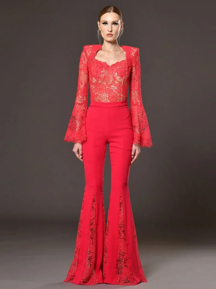 Sexy červené čipky rozšírené nohavice Dvojdielne set žien v krku s dlhým rukávom Topy + čipkové patchwork rozšírené obleky Party Cocktail Club Sety