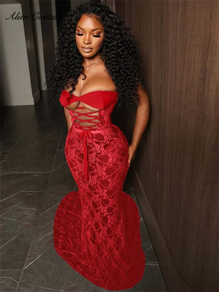 Sexy červené šaty s dlhým promovým šatám pre čierne dievčatá 2024 Lace Birthday Luxury Dress Mermaid Set-Thru Corzet Prispôsobené