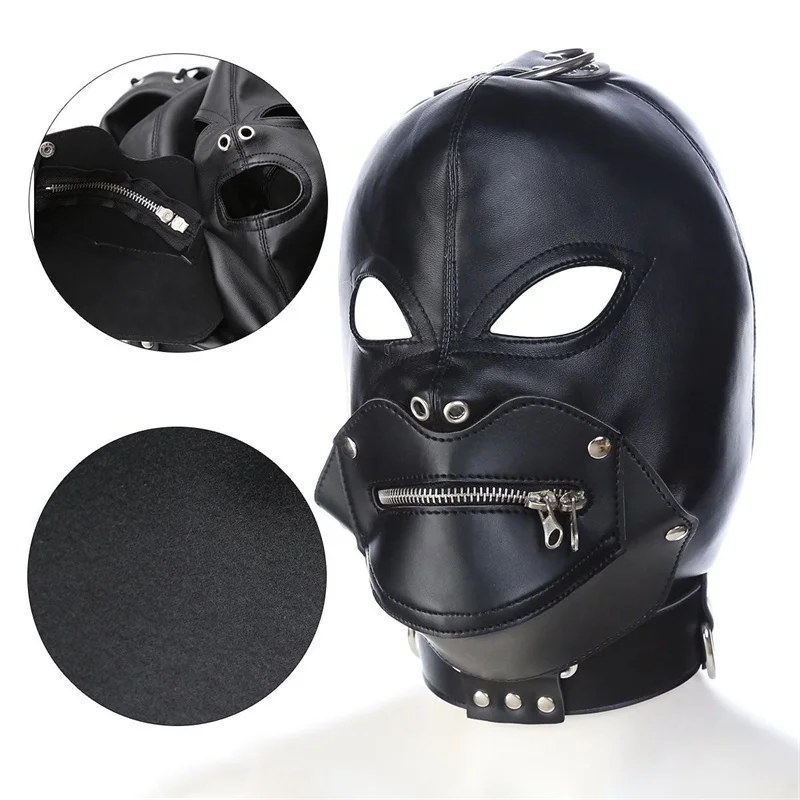 Sexy čierne pu kožené muži tvárou maska ​​fetiš cosplay party maska ​​Gay Gay Adult Games plné masky na hlavu Officer rola hra Mask