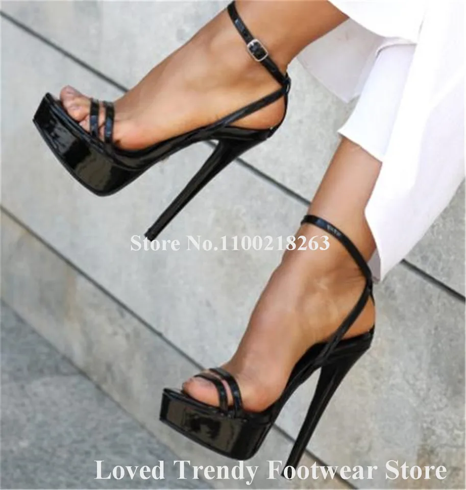 Sexy čierne zlato striebro patent patentované kožené päty sandále s otvoreným špičkou Cross High Platforma tenké päty topánky veľkú veľkosť