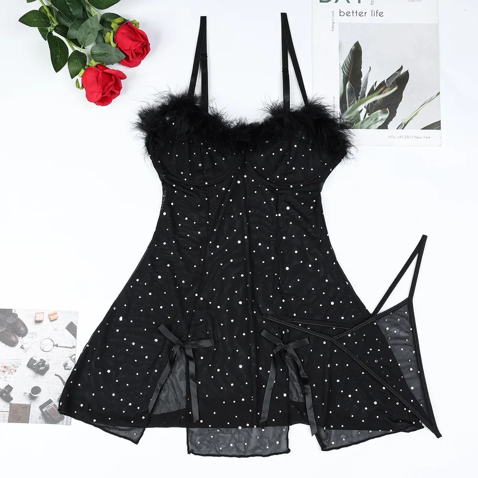 Sexy čierny horúci diamant šumivé krištáľové perie perspektívna perspektíva elastickej mriežky rozdelené šaty dvojdielne sexy oblečenie Sexydress