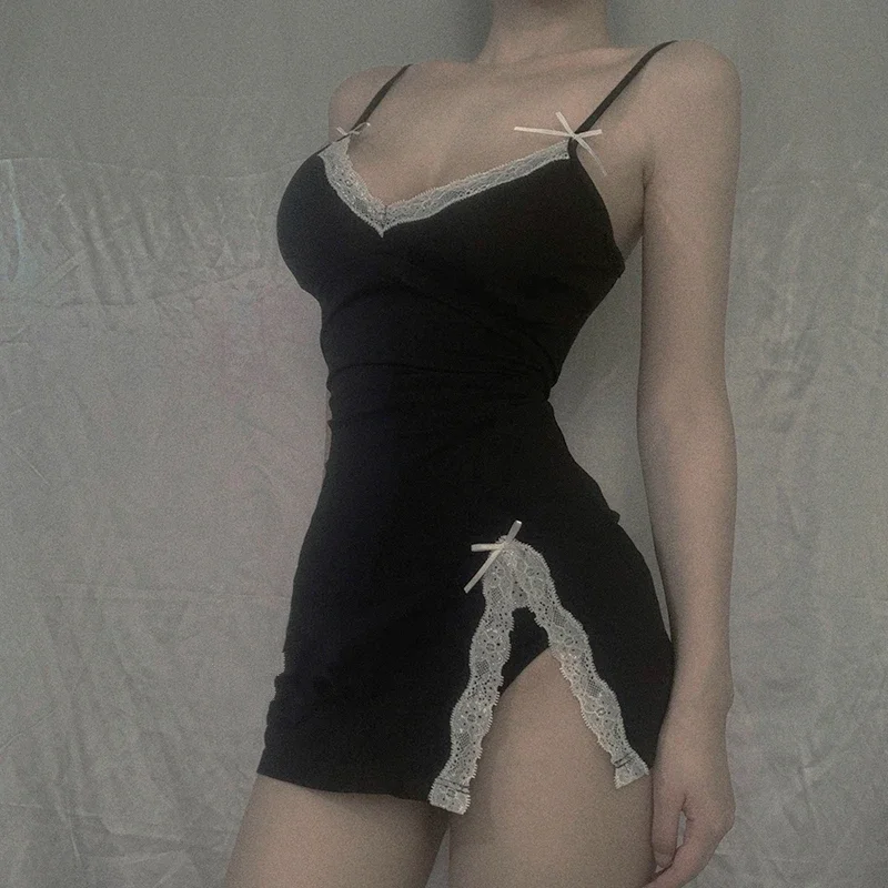 Sexy čipka bavlnená nočná košeľa Ženy Mini krátke nočné šaty s nohavičkami špagety remienok nočné dresy Sleewear Slim Nightties
