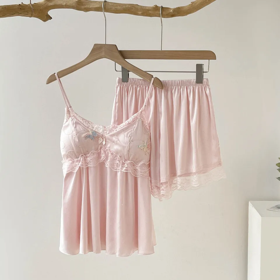 Sexy čipka Cami a šortky pyžamá Dámske letné domovy Wear Loose Casual Spaghetti Strap Pajamas Pink Intímne spodné prádlo Sleewear