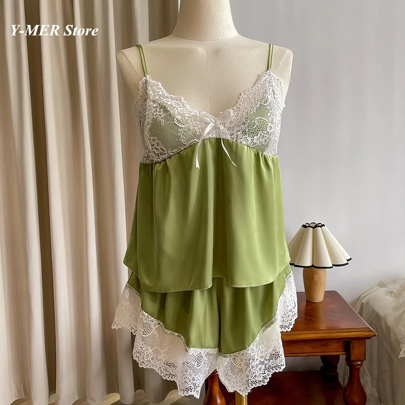 Sexy čipka Patchwork Cami Top & Shorts 2pcs pyžamá Krátke pyžamy obleky Ženy saténové nočné oblečenie voľný čas