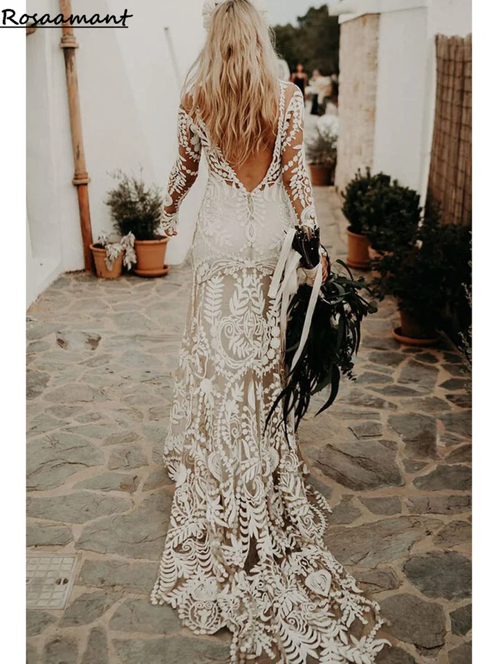 Sexy čipka v Neck Beach Mermaid Svadobné šaty 2024 Dlhé rukávy Svadobné šaty backless Vestidos de Novia