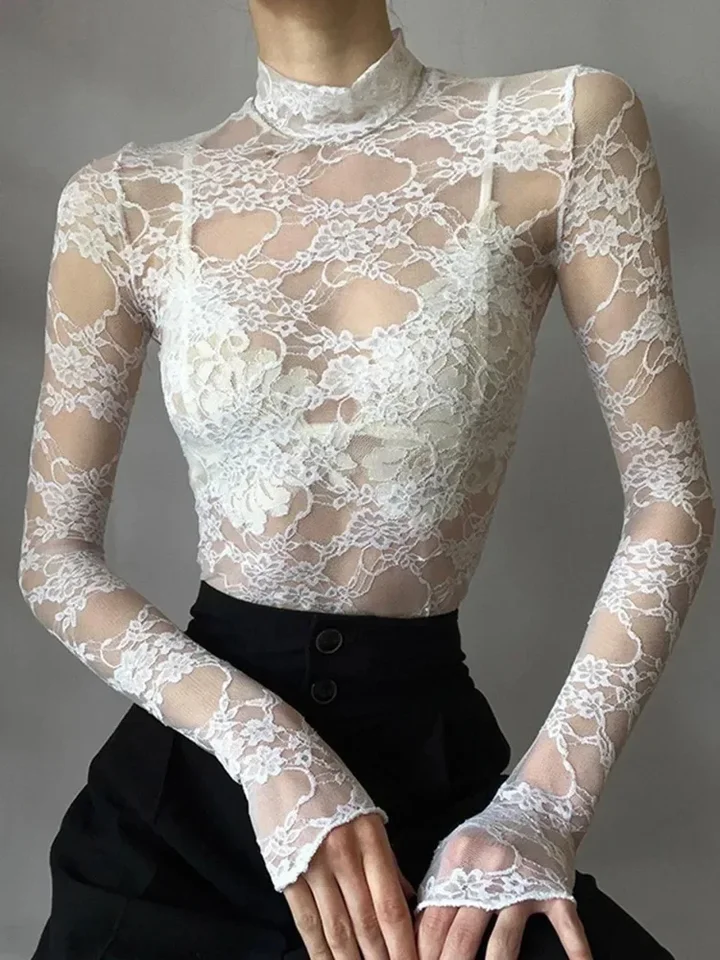 Sexy čipky blúzky tričká Summer Ženy Turtleneck s dlhým rukávom Pozrite sa cez čipkové patchworky tenké vrcholy