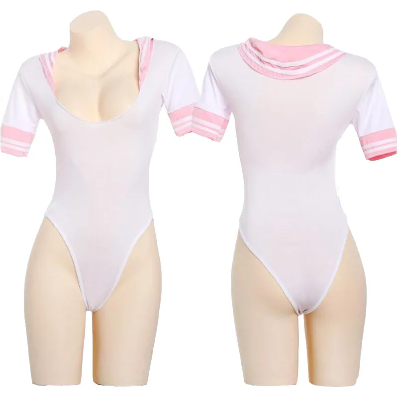 Sexy číry otvorený rozkrok Deep V Golier Japonská školáčka Teddy Uniform Bodysuit Fancy Fetish Cosplay kostým