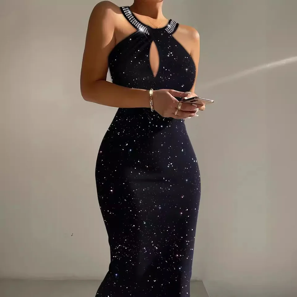 Sexy šaty leto 2024 Nový módny flitra krk napoly otvorený obojok visiaci rukáv bez rukávov batoh sukne pullover šaty ženské