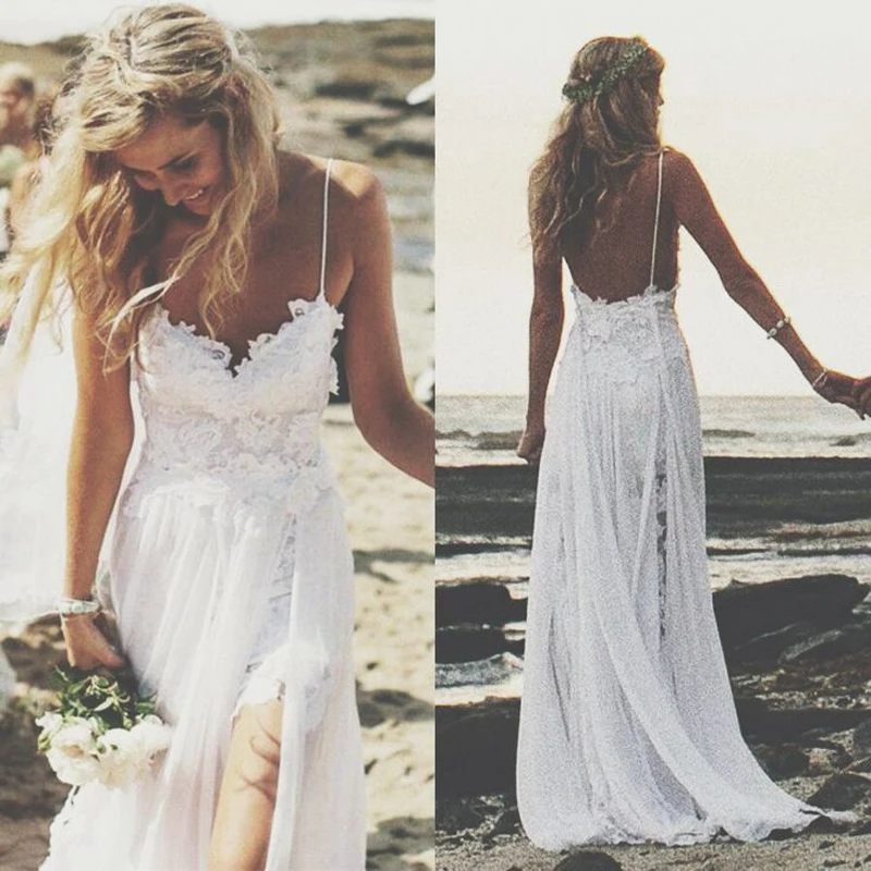 Sexy špagety boho šifónové plážové svadobné šaty leto s vysokým rozdelením backless -lace Čechia nevesta svadobné šaty Vestidos de Novia