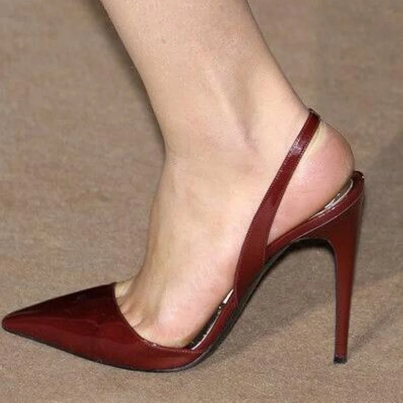 Sexy špicaté päty slingback čerpadlá burgundské patentované kožené duté tenké päty večerné klubové topánky plus veľkosť obuvi veľkosti 46