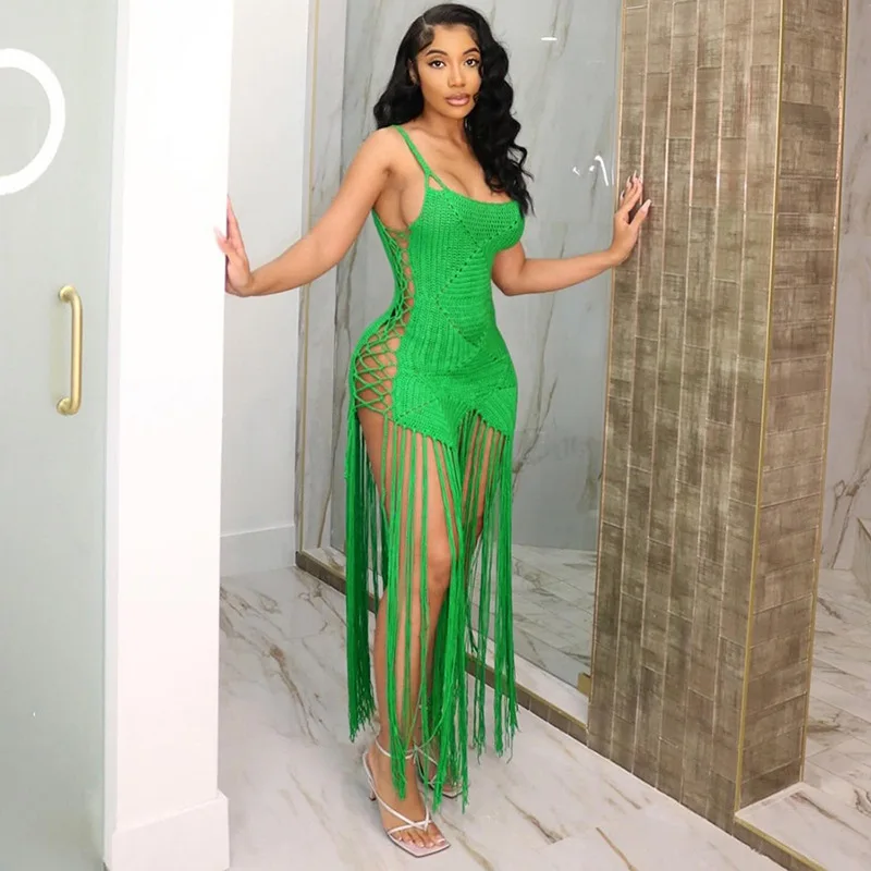 Sexy ženy dlhé strapce pletené pletené plavky pláž pláž zakrývajú šaty bez rukávov s vysokým pásom Seethrough Swimwear Bikini Cover Up Šaty