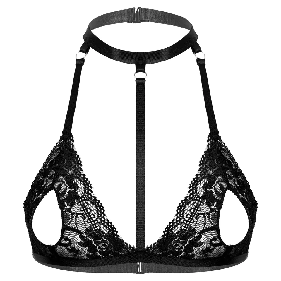 Sexy ženy Lace Open Cups Exponované bradavky podprsenky priehľadné bezdrôtové bezdrôtové ohlterové krk Strappy Hollow Out spodná bielizeň Brassiere