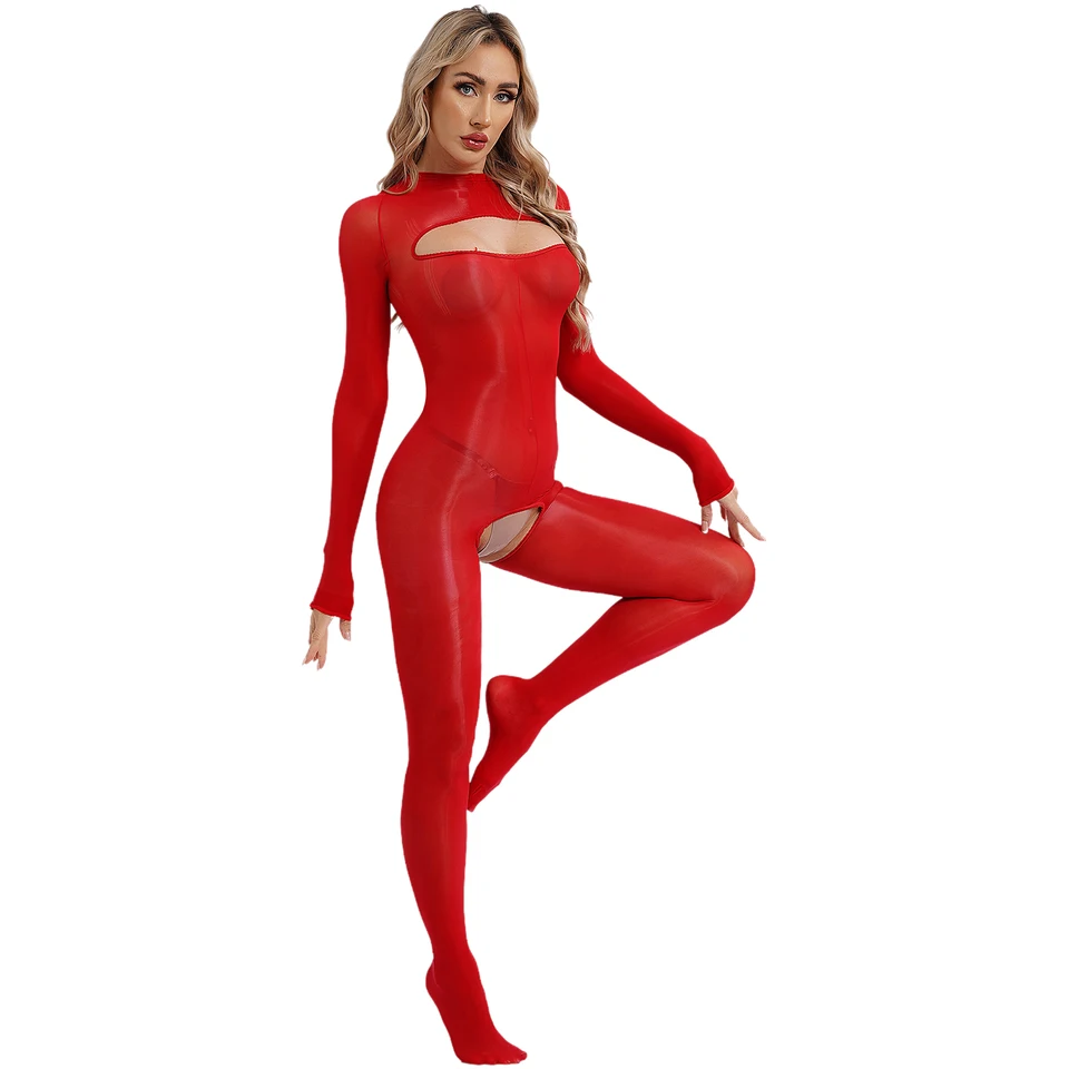 Sexy ženy pružné priehľadné telesyscockings s dlhým rukávom Otvorené prsia otvorené Bodysuit pre zábavu lákavé nočné oblečenie Catsuit
