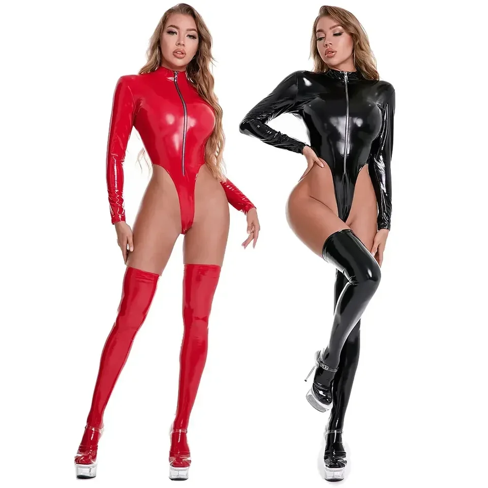 Sexy ženy PVC latex mokré fetiš Fetish BodySuit Open rozkrok erotický PU kožené telesné dámy formujúce latexový kombinézu