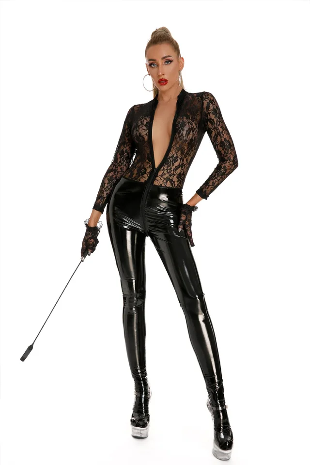 Sexy ženy WetLook PVC Faux kožené zostrih čipky fetiš exotická exotická kombinéza Stage Clubwear Pu Leskiny Zipper Teddy Lingerie