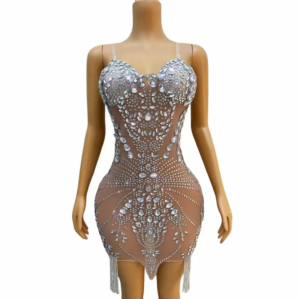 Sexy žiarivé strieborné kamienky reťaze priehľadné šaty Večer narodeniny oslavujte strihové oblečenie Crystals Photoshoot šaty