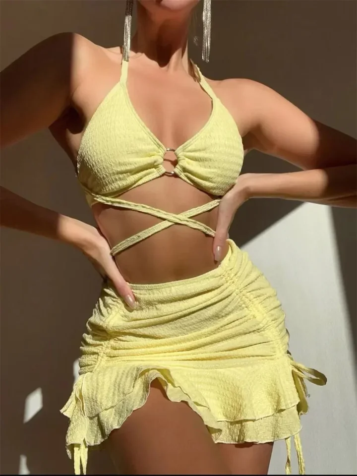 Sexy žlté bikiny Ženy Spevný ohlávkový prsteň prepojený Criss Cross Cover Up 3 -Plaimsuit 2024 plavky plavky sukne sukne