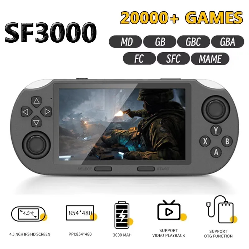 SF3000 Prenosný hráč retro vreckovej hernej konzole 4,5 palca IPS vstavaný 20000+ hier retro videohry pre PS1 GBA