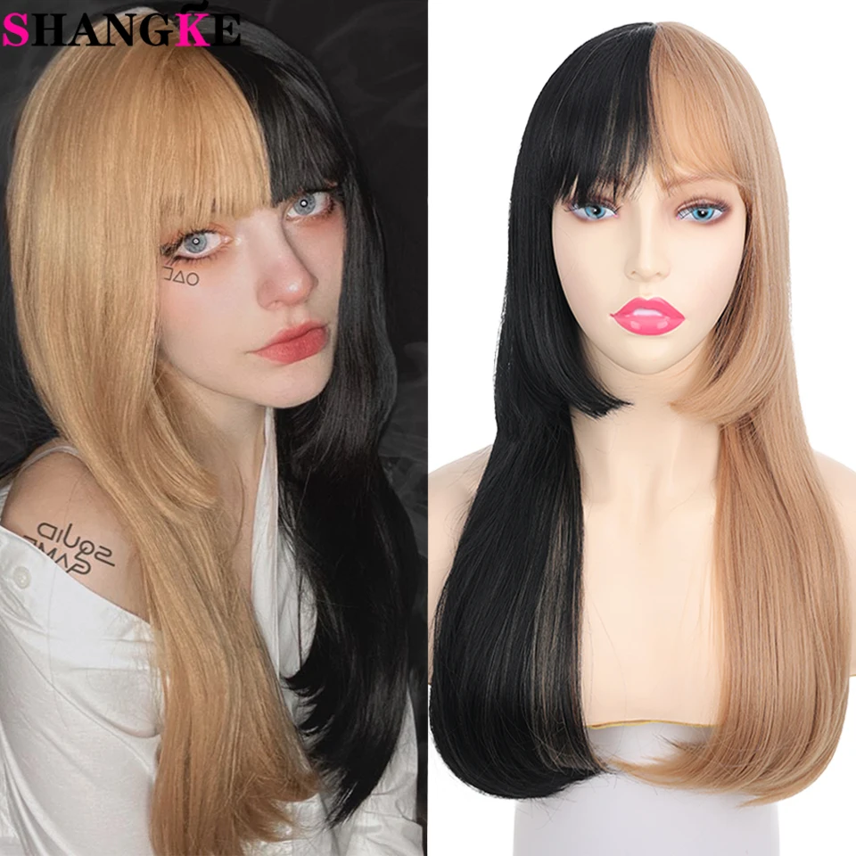 Shangke Syntetická dlhá priama rovná cosplay parochňa s Hime Cut Bangs Tepelne rezistentný kawaii lolita parochne pre ženy prírodné denné parochňa