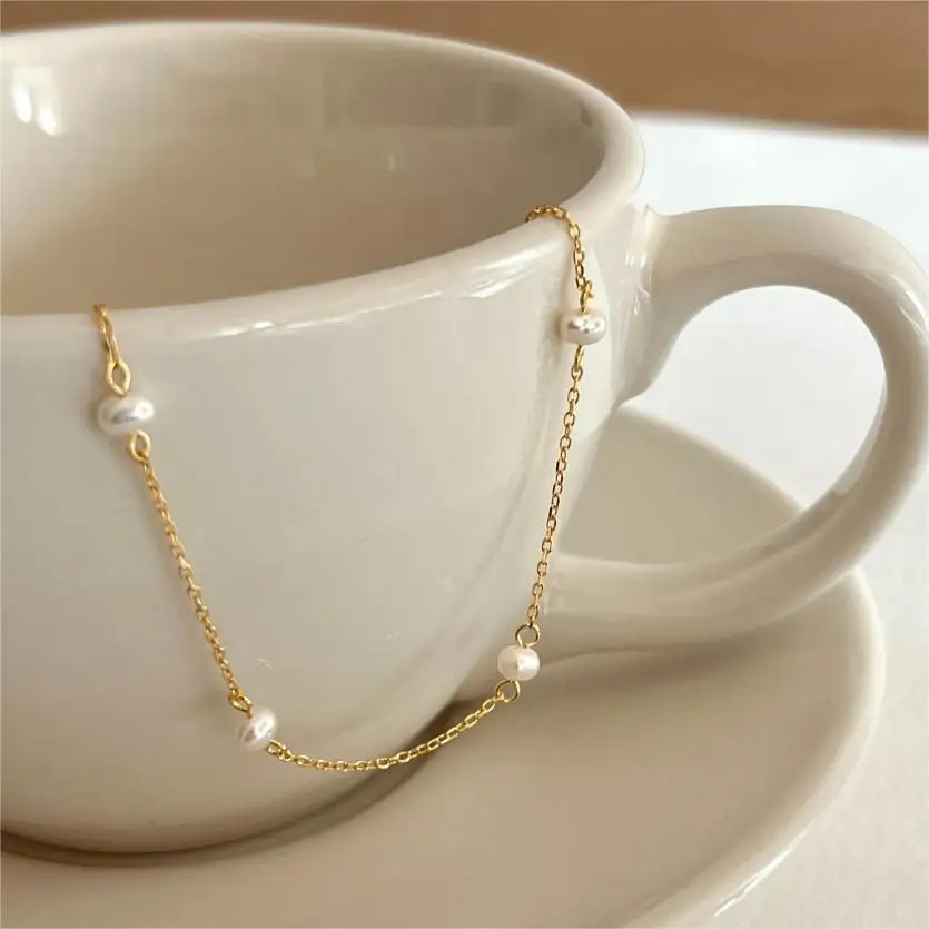 Shanice Mini Natural Sladkovodná perlová náramok S925 Sterling strieborná reťazca pre ženy jemné šperky