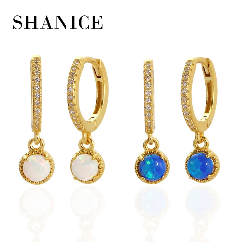 Shanice White Blue Opal Oval Stone Hoop náušnice pre ženy skutočné 925 Sterling Silver Svadobné šperky