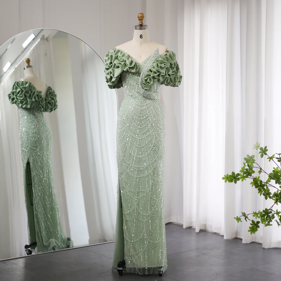 Sharon uviedla, že arabský elegantný z Panel Mermaid Sage Green Evening Dayses Champagne Dubaj Svadobné šaty SS288 Prispôsobené