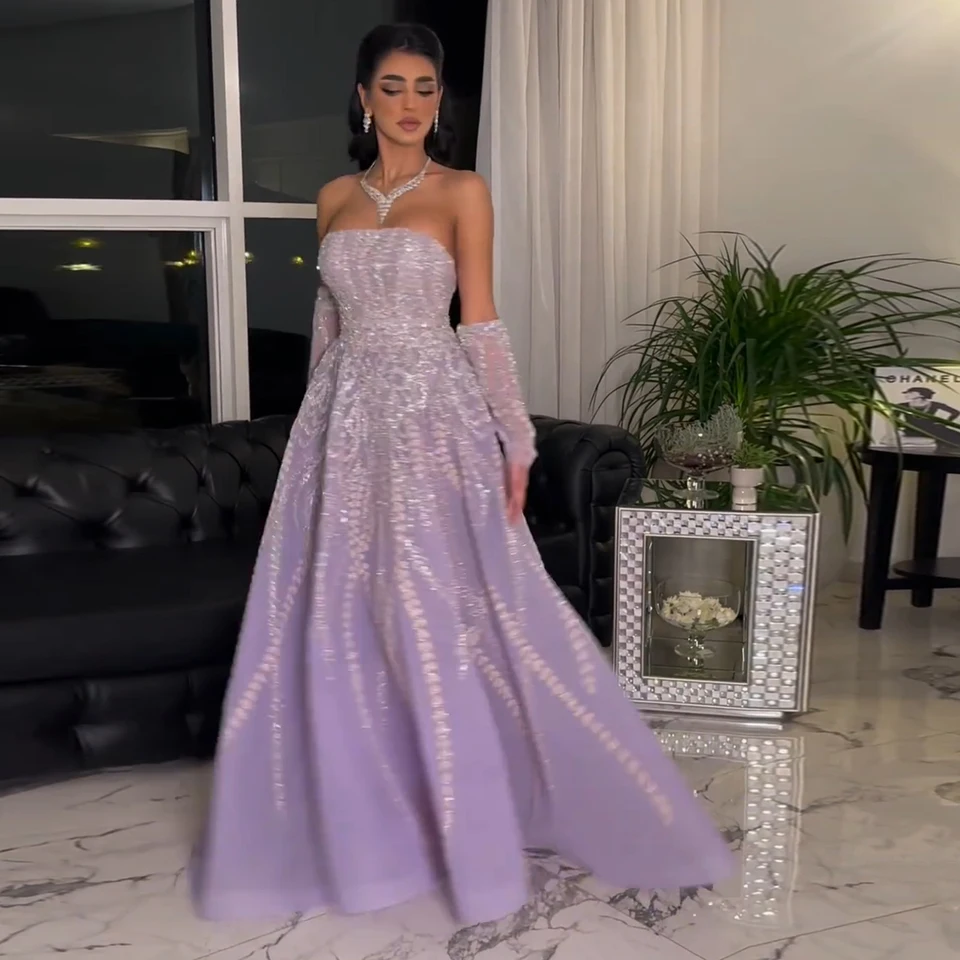 Sharon uviedla, že luxusné dubajské korálkové lila večerné šaty s rukávmi bez ramienok pre arabské ženy svadobné šaty SS462 Prispôsobené