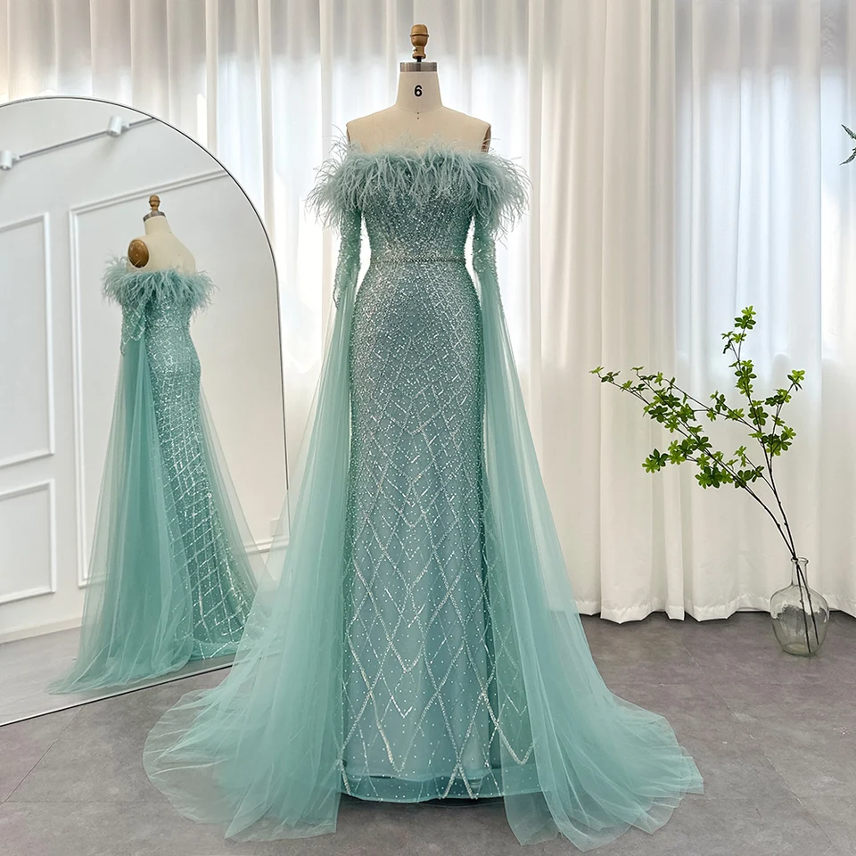 Sharon uviedla, že luxusné perie tyrkysové večerné šaty Dubaj s plášťom s rukávmi Lilac Women Wed Wedding Prom Prom šaty SS261 Prispôsobené