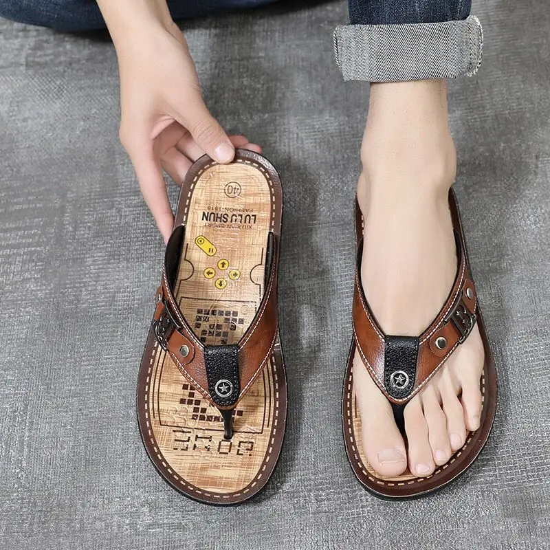 SHATSU Muž SLOPPER Soft Pánske topánky na pláži Outdoor Sabot Flot Leath Flop Flops Slide Elegantné originálne vysoko kvalitné móda