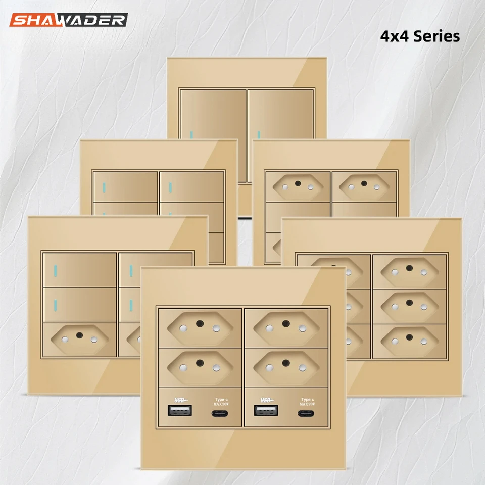 Shawader 4x4 sklenený panel Brazília Standard Outlet Double USB Type C Wall Power Socket Svetlo prepínač Office Zlatý 20A Fireproof
