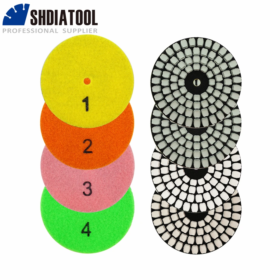 Shdiatool 100 mm diamantové leštiace vankúšiky nastavené flexibilné brúsky živice brúsky žulové mramorové porcelánové dlaždice 4-stupňové brúsne vankúšiky suché