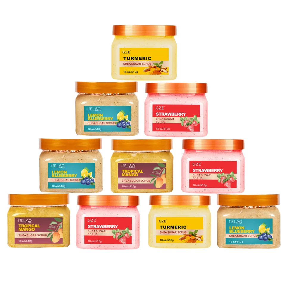 Shea Sugar Body Scrub Mango Strawberry Turmmerické citrónové čučoriedky ultra hydratácia a exfoliačný čistenie na výživu