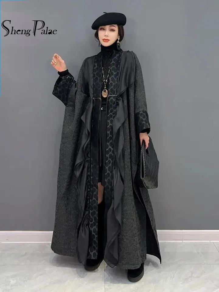 Shengpalae Vintage Patchwork Trench Vysokokvalitné voláre srsť módu voľný V-krk Windbreaker 2024 New Y2K Dámske oblečenie 5R529