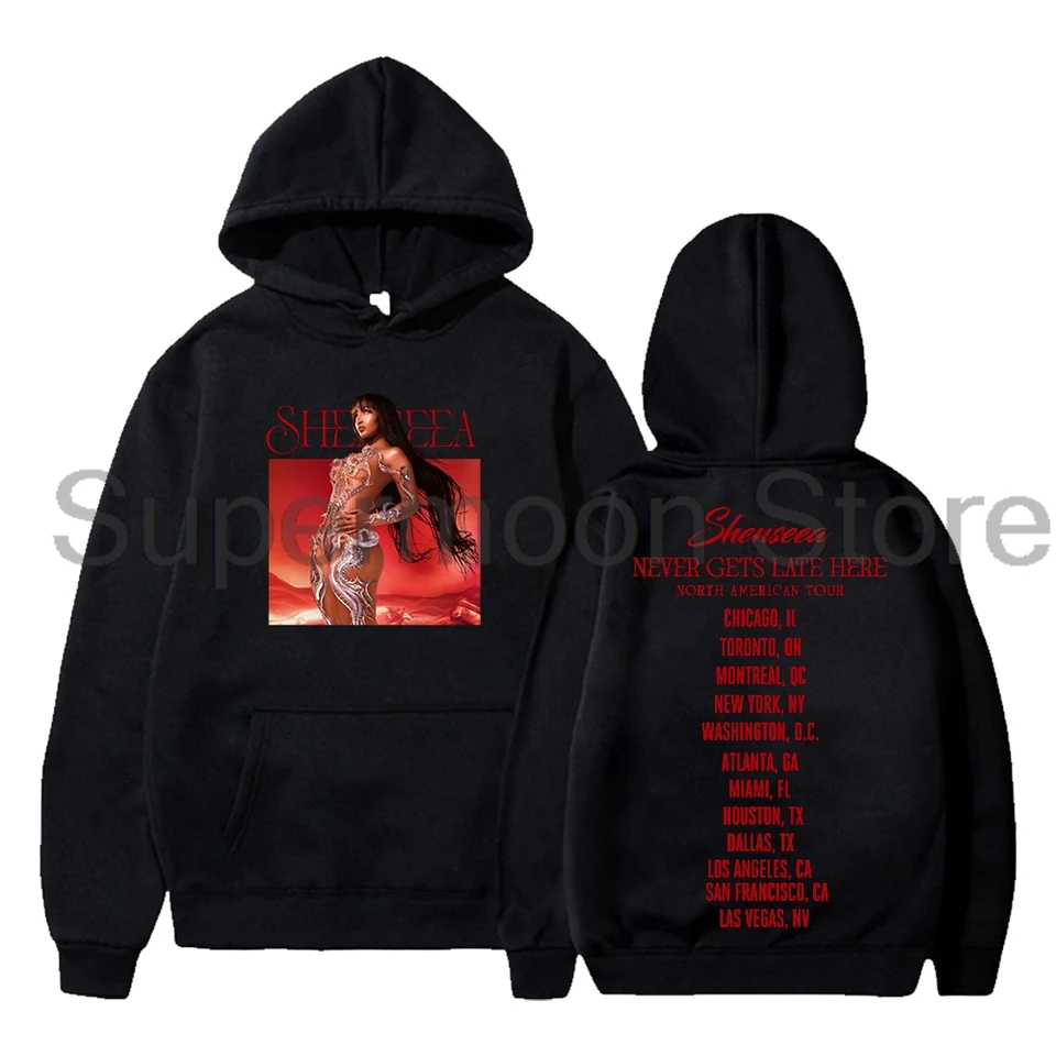 Shenseea Merch Hoodie 2024 nikdy neskoro tu neskoro severoamerické turné s dlhým rukávom Streetwear Men Dámske mikina s kapucňou