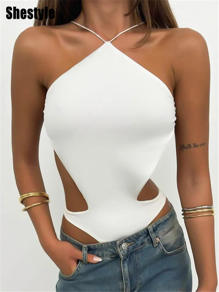 Shestyle Backless Cross Cleavage Halter BodySuit Ženy biele sexy gombíky Spevný pás bez pásov 2024 Hot Girls Cute Clubwear