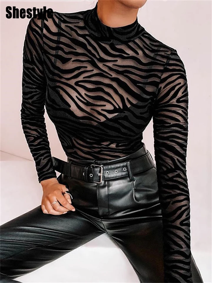 Shestyle Tiger Print Mesh Transparentné telo žien Čierny sexy Mock krk gombíka dlhý rukáv jarné pružiny elastické punkové telo štíhle
