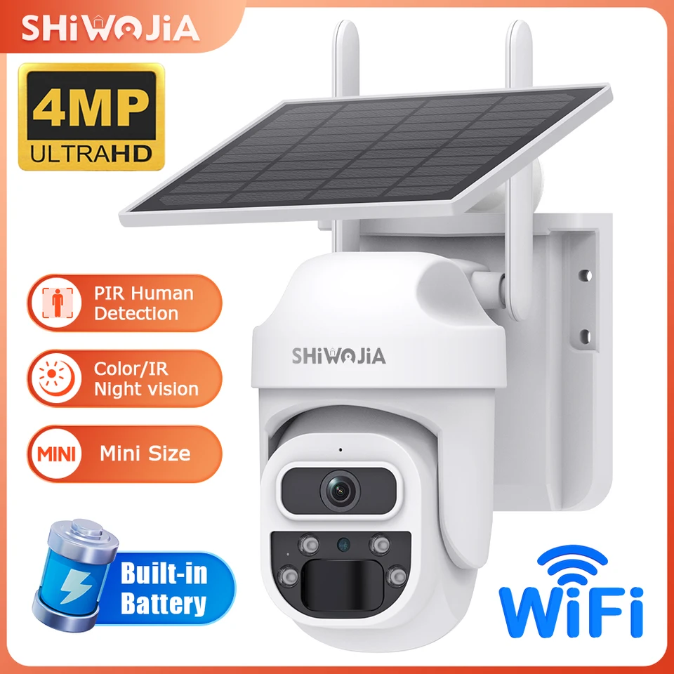 Shiwojia 4G SIM Solárny fotoaparát napájaný fotoaparát 4MP 2K WiFi Security Cameas PIR Monitor PIR Monitor Dvojcestné video CCTV Sledovanie PTZ fotoaparátu PTZ