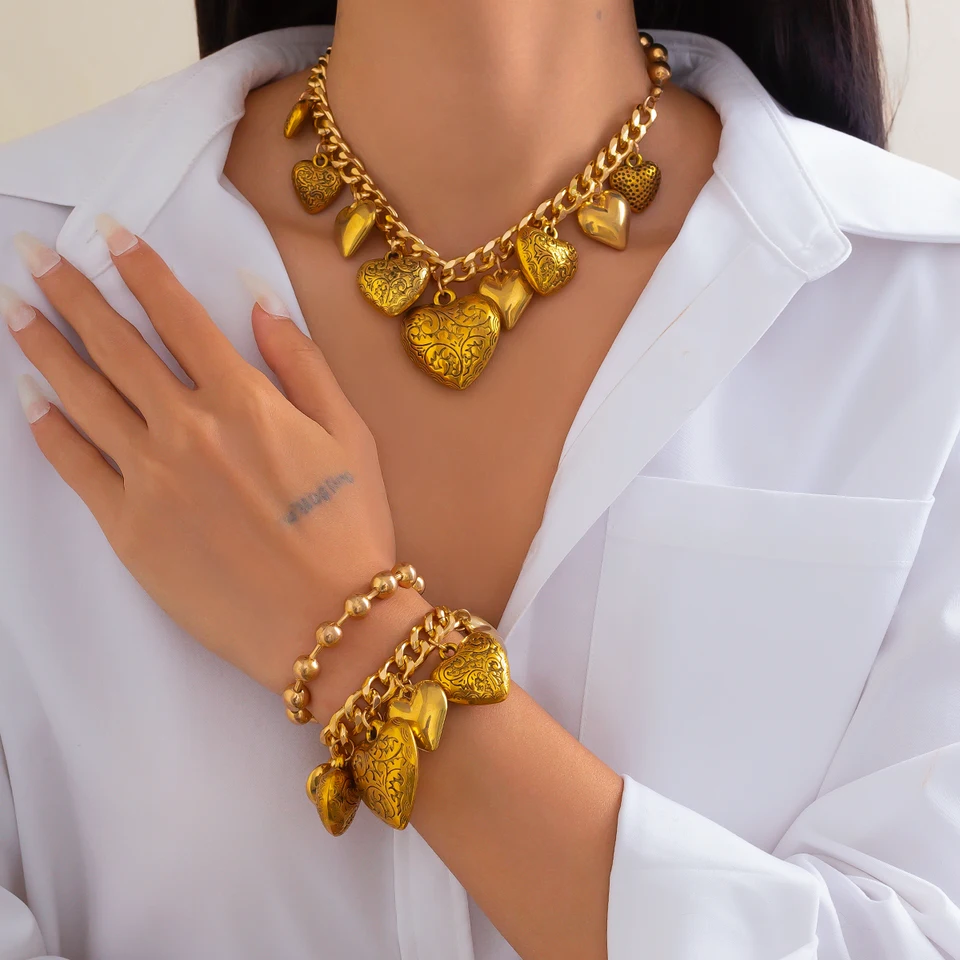 Shixin vintage tlačené srdce srdce Prívesok Náramok Náramok Náramok Punk kubánsky obojok retiazka Chunky Choker Grunge šperky