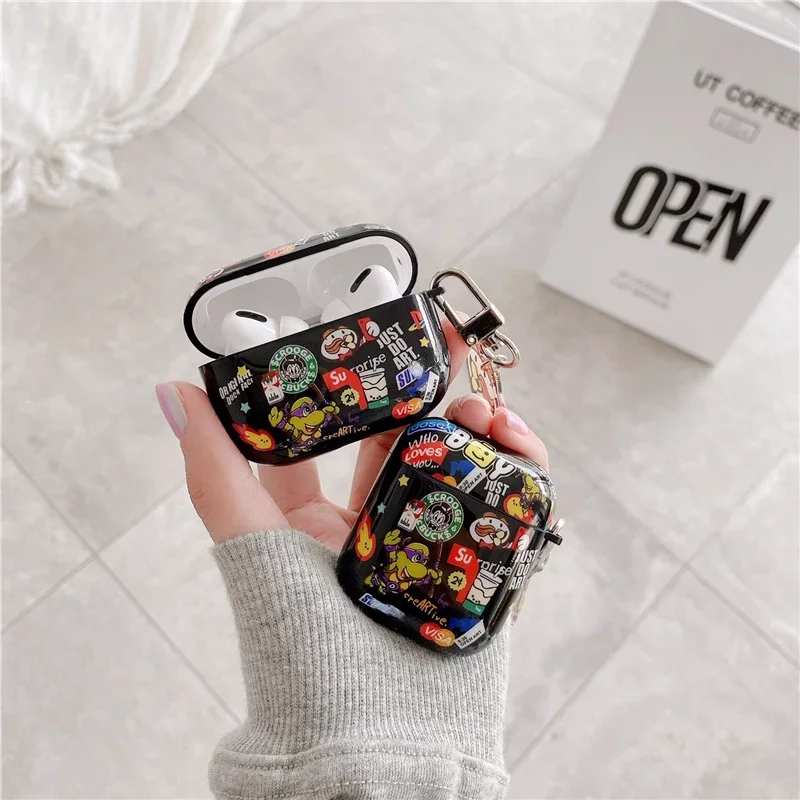 Shockproof a Anti Fall 3D Cartoon Tide Brand Label TPU slúchadlá pre Apple AirPods 1 2 3 Pro 2 s Keychain