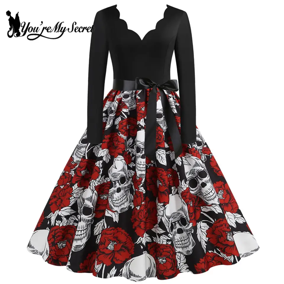 [Si moje tajomstvo] Black Big Swing Robe Vintage Femme Gothic Skull Print 3D Halloween Prázdniny Party Rockabilly šaty