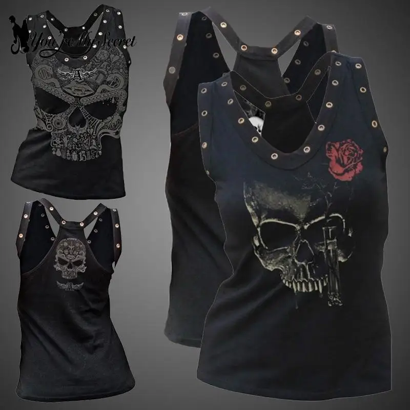 [Si moje tajomstvo] Dámska nádrž Top Spring a leto Nová ženská lebka Vytlačená príležitostná Camisole Punk Dark Ruavel bez tričku