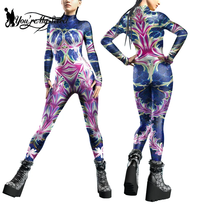 [Si moje tajomstvo] Halloween Party Cosplay pre dospelé ženy Sexy BodySuits Steampunk Armor potlačte zentai oblek s dlhým rukávom kombinézy