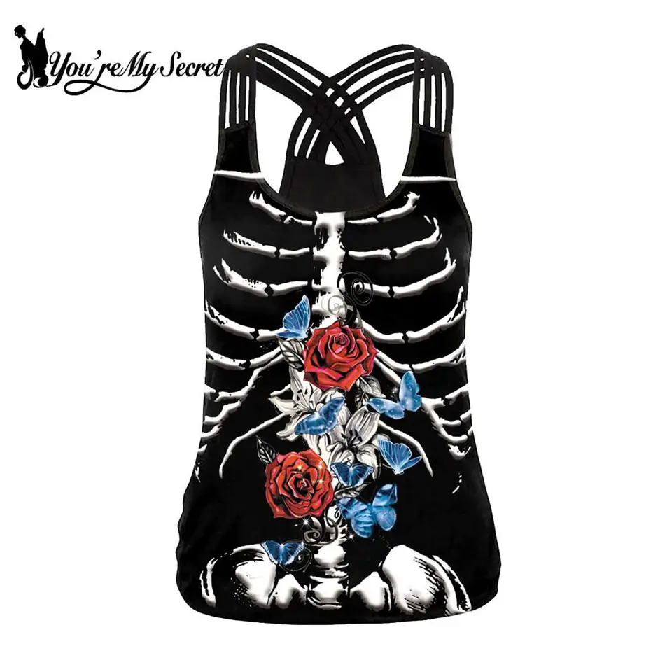 [Si moje tajomstvo] čarodejnícka ružová kostrová skeleta Tops Tops Female Street Occult Halter Top odev Goth Graphic Fashion vesta pre ženy