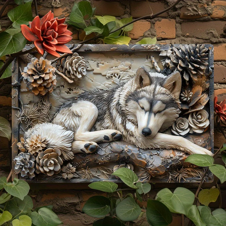 Sibírsky husky 3D efekt hliníková stena Art, 1pc 8x12 palca vintage kvetinová dekorácia, kovová reliéfná socha pre dom a záhradu