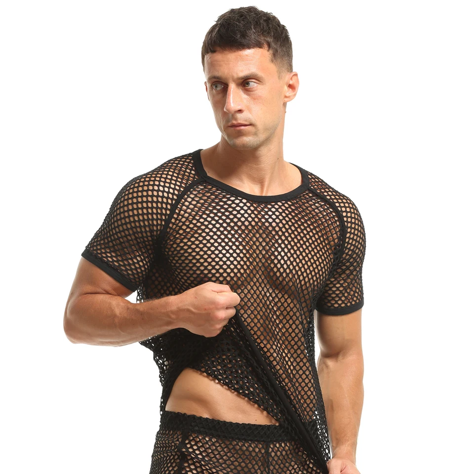 Sieťovina Men Sexy Undershir Men Men Fishnet Priehľadné číre košele priedušné neformálne oblečenie Muž Seek cez módne klubové oblečenie