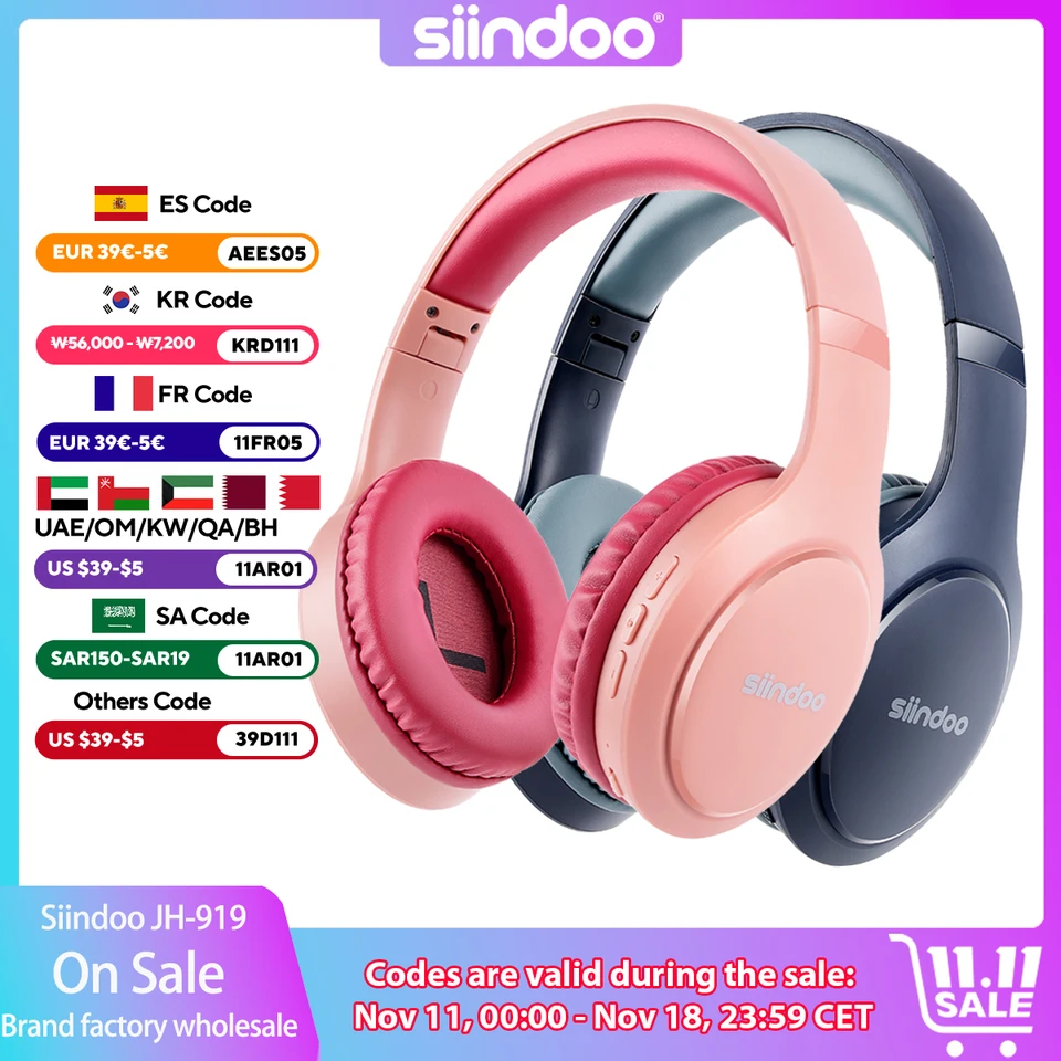 Siindoo JH-919 Wireless Bluetooth slúchadlá ružové a modré zložené stereofónne slúchadlá
