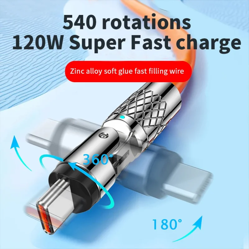 Silikón 120W USB na kábel typu C Rýchle nabíjanie kábla 540 Rotačný kábel Dátový kábel 180 stupňov Otočenie na nabíjací kábel