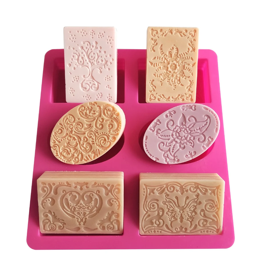 Silikónové mydlové formy 6-Cavity DIY ručne vyrábané zmiešané vzory formy pre zväzok koláčikového koláčika puding puding Sviečka mydlo na výrobu dodávok Nástroj