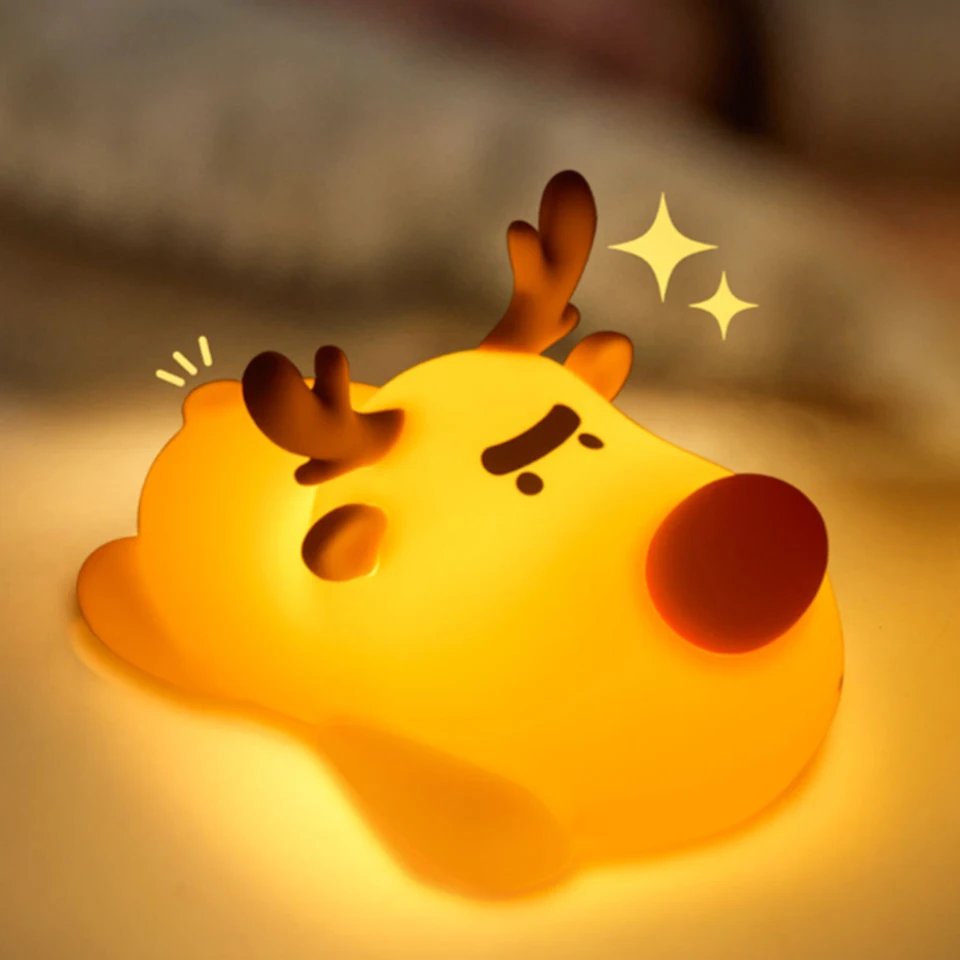 Silikónový jeleň dotyková lampa 3 úroveň Domácateľná zvieracia nočná lampa typu C Nabíjateľná karikatúra Sleeping Light pre detskú izbu